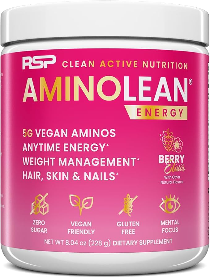 RSP NUTRITION AminoLean Pre Workout, Clean Energy with No Jitters, Tingles or Crash, Vegan Friendly with Added Biotin for Hair, Skin, Nails, Berry Elixir, 30 Servings