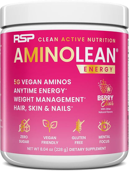 RSP NUTRITION AminoLean Pre Workout, Clean Energy with No Jitters, Tingles or Crash, Vegan Friendly with Added Biotin for Hair, Skin, Nails, Berry Elixir, 30 Servings