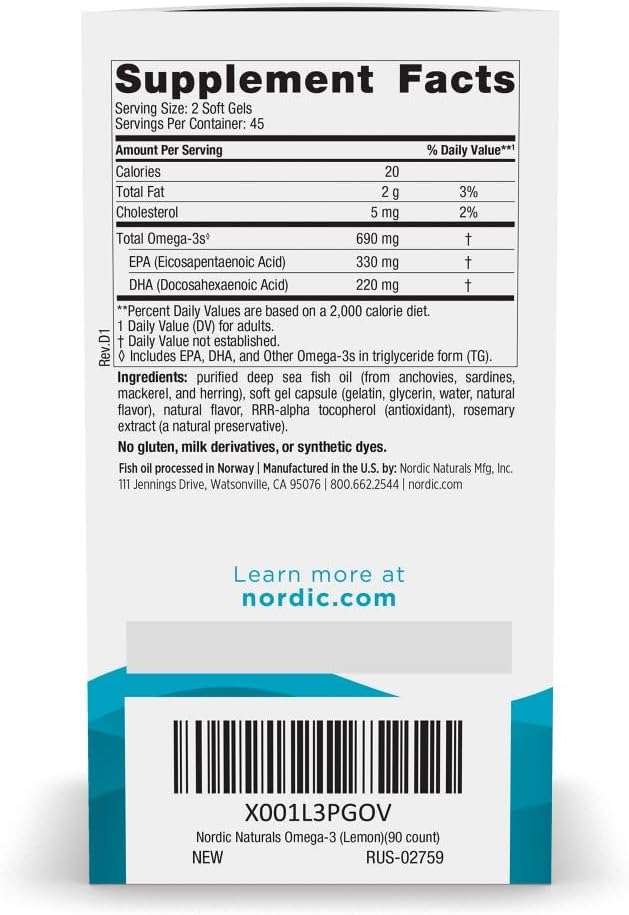 Nordic Naturals Omega-3, Lemon Flavor - 90 Soft Gels - 690 mg Omega-3 - Fish Oil - EPA & DHA - Immune Support, Brain & Heart Health, Optimal Wellness - Non-GMO - 45 Servings
