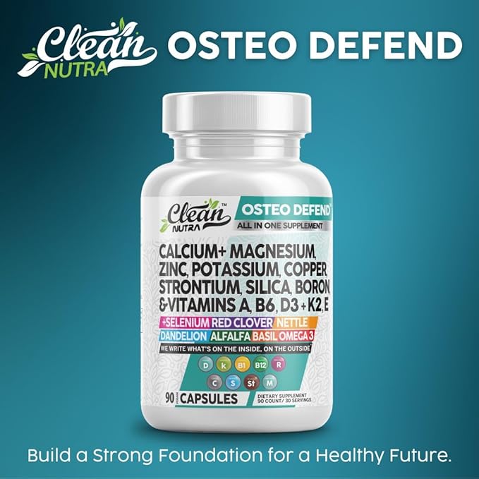 Calcium Magnesium Zinc Supplement with Potassium, Copper, Strontium, Silica, Vitamin D3 K2, Boron, Vitamin B1 B12 Red Clover Herb Alfalfa Basil Pills for Men and Women Clean Nutra Osteo Defend