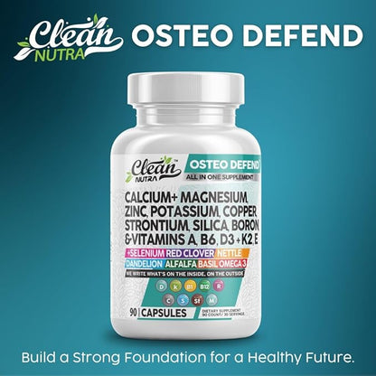 Calcium Magnesium Zinc Supplement with Potassium, Copper, Strontium, Silica, Vitamin D3 K2, Boron, Vitamin B1 B12 Red Clover Herb Alfalfa Basil Pills for Men and Women Clean Nutra Osteo Defend