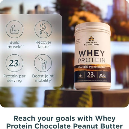 Ancient Nutrition Grass Fed Whey Protein, Chocolate Peanut Butter, 23g Protein, 18 Servings, Hydrolyzed Collagen Peptides, Organic Regenerative A2/A2 Milk Protein