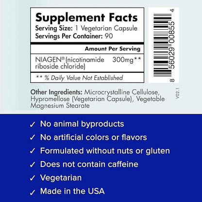 TRU NIAGEN Patented NAD+ Supplement for Anti Aging and Cell Regeneration, 300 mg Niagen, 90 Servings | Supports Cellular Energy, Brain, Muscle | Nicotinamide Riboside (NR) Take 1 Daily | 2 Bottles