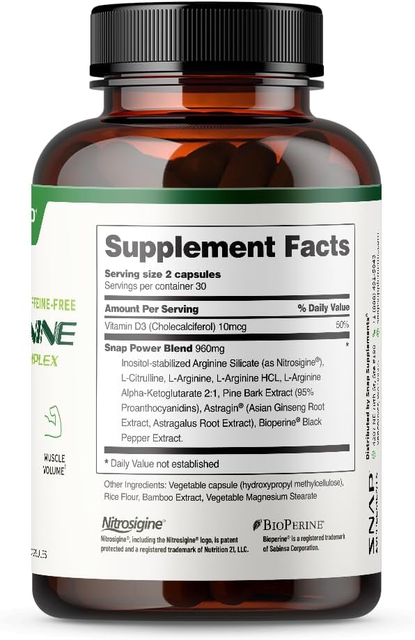 Snap L Arginine Capsules - Blood Circulation Supplements with Nitrosigine & L Citrulline for Natural Energy, Increase Blood Flow & Muscle Growth, Herbs for Cardio Health (60 Capsules)