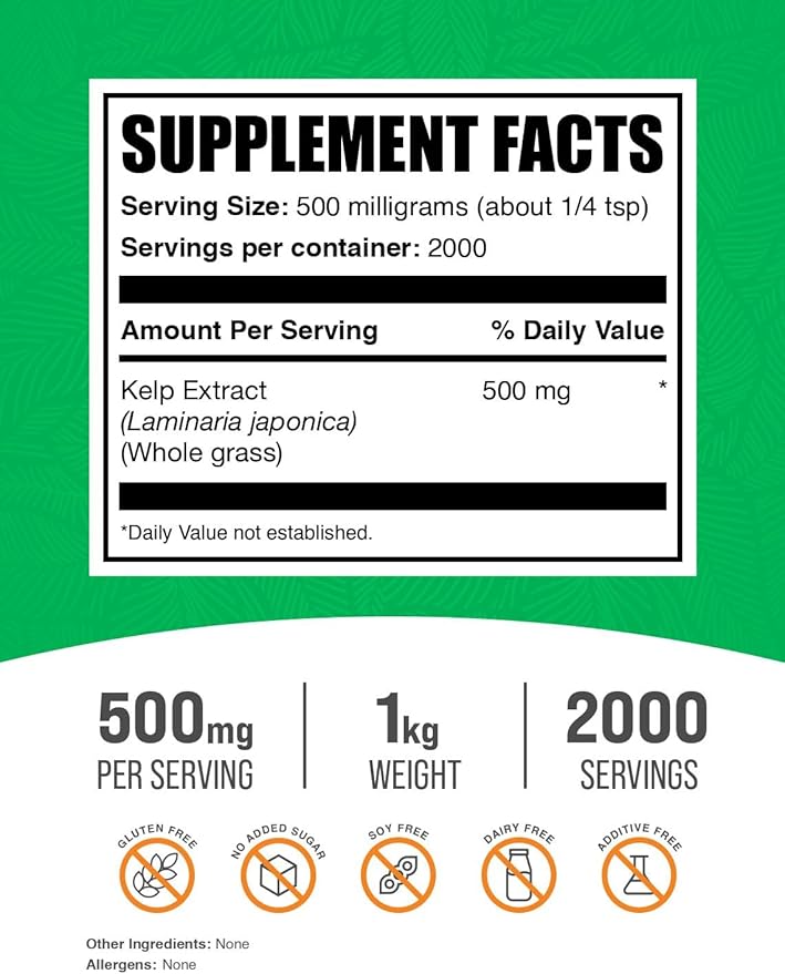 BulkSupplements.com Kelp Extract Powder - Kelp Supplement, Kelp Powder, Brown Seaweed Extract - Seaweed Supplement, Gluten Free, 500mg per Serving, 1kg (2.2 lbs) (Pack of 1)