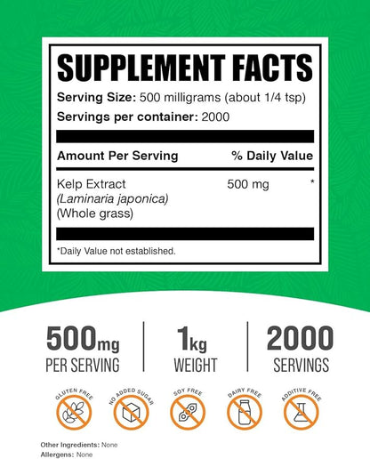 BulkSupplements.com Kelp Extract Powder - Kelp Supplement, Kelp Powder, Brown Seaweed Extract - Seaweed Supplement, Gluten Free, 500mg per Serving, 1kg (2.2 lbs) (Pack of 1)