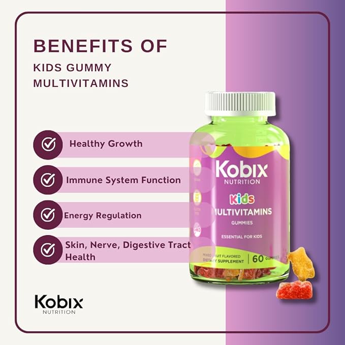 Kobix kids multivitamins gummies | vitaminas para niños | Kosher Non GMO - Vegan - Gluten free | 60 Gummies essential for kids