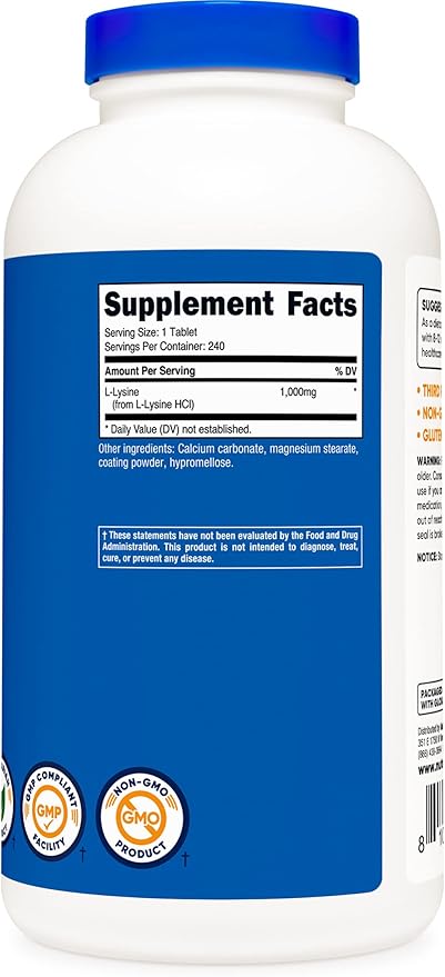Nutricost L-Lysine 1000mg, 240 Tablets - Gluten Free, Non-GMO, and Vegetarian Friendly