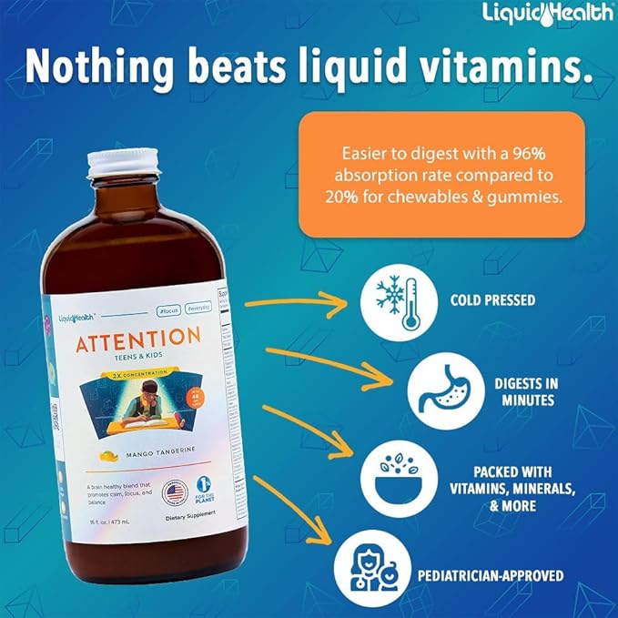 LIQUIDHEALTH Attention, Liquid Multivitamin for Kids & Teens - Improves Memory Retention, Concentration, Focus, Mood, Relaxation & Calming - Great Taste, Vegan, Sugar-Free (2 Pack)