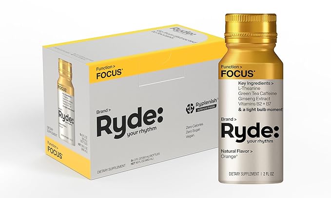Ryde: Focus Shot | Orange Flavor | L-Theanine & Ginseng | Green Tea Caffeine | Vitamins B2 & B7 | 0 Calories, 0 Sugar | 2 FL OZ Shots | Supports Focus* (8 Pack)