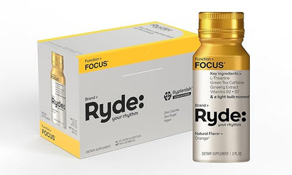 Ryde: Focus Shot | Orange Flavor | L-Theanine & Ginseng | Green Tea Caffeine | Vitamins B2 & B7 | 0 Calories, 0 Sugar | 2 FL OZ Shots | Supports Focus* (8 Pack)