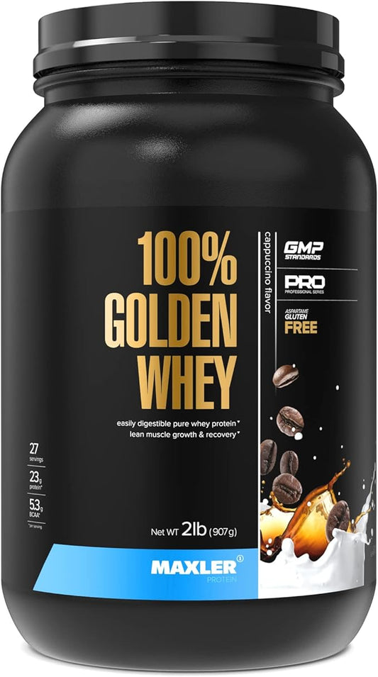 Maxler 100% Golden Whey Protein - 23g of Premium Whey Protein Powder per Serving - Pre, Post & Intra Workout Recovery - Fast-Absorbing Whey Hydrolysate, Isolate & Concentrate Blend - Cappuccino 2 lbs