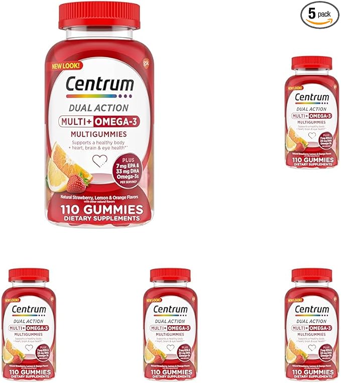 Centrum MultiGummies Multi+ Omega 3 Dual Action, Adult Multivitamin, Multivitamin/Multimineral/Omega 3 Supplement, Strawberry/Lemon/Orange Flavors - 110 Count (Pack of 5)