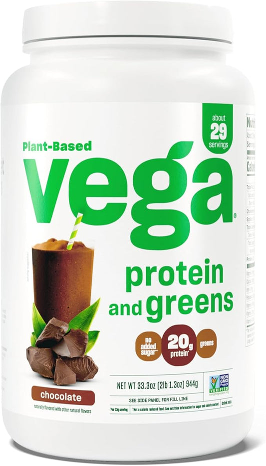 Vega Protein and Greens Protein Powder, Chocolate - 20g Plant Based Protein Plus Veggies, Vegan, Non GMO, Pea Protein for Women and Men, 2.1bs