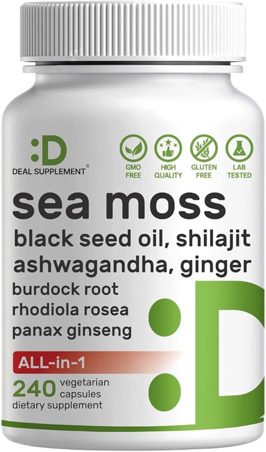 DEAL SUPPLEMENT Irish Sea Moss 7000mg Per Serving, 240 Veggie Capsules – 14 Superfood Complex – 3000mg Black Seed Oil, 2000mg Ashwagandha, 600mg Ginger