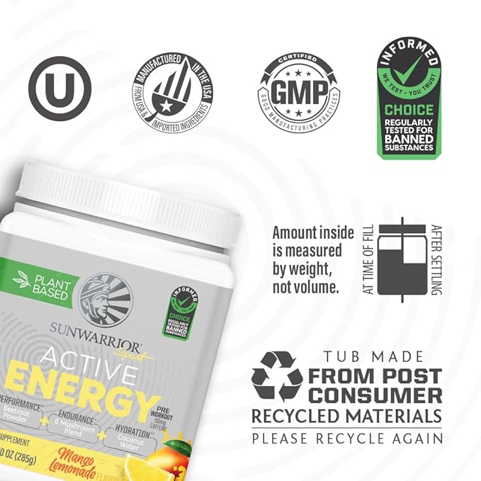 Sunwarrior Plant-Based Preworkout Powder Hydration Blend | Coconut Water Mushroom Blend Soy Free Sugar Free Gluten Free Dairy Free Synthetic Free | Mango Lemonade 30 Servings | Sport Active Energy