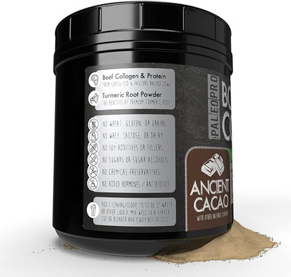 PaleoPro Bone Broth Collagen w/Turmeric Root (Ancient Cacao) Grass-Fed & Pastured Beef Collagen | Gluten Free, Dairy Free, No Sugar, Soy, Grains or Net Carbs |Paleo & Keto Friendly (20 Servings)