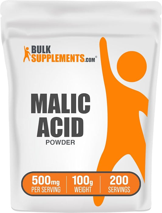 BulkSupplements.com Malic Acid Powder - Malic Acid Supplement, Malic Acid Powder Food Grade - for Energy & Skin Support, Gluten Free - 500mg per Serving, 100g (3.5 oz)