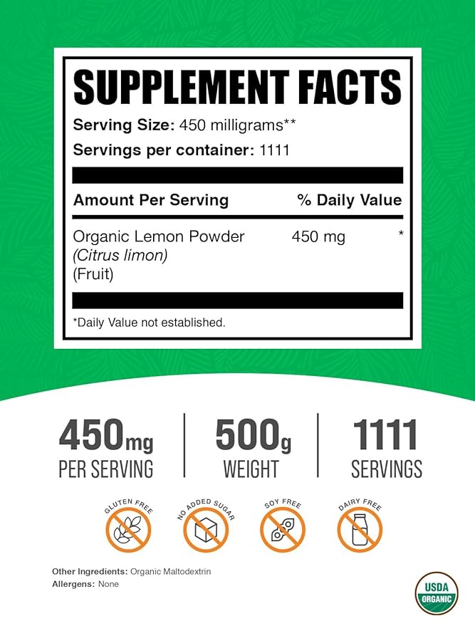 BulkSupplements.com Organic Lemon Powder - Natural Vitamin C Source, Fruit Powder, Lemon Flavoring - for Immune Support, Gluten Free, 450mg per Serving, 500g (1.1 lbs) (Pack of 1)