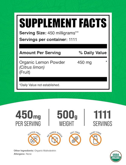 BulkSupplements.com Organic Lemon Powder - Natural Vitamin C Source, Fruit Powder, Lemon Flavoring - for Immune Support, Gluten Free, 450mg per Serving, 500g (1.1 lbs) (Pack of 1)