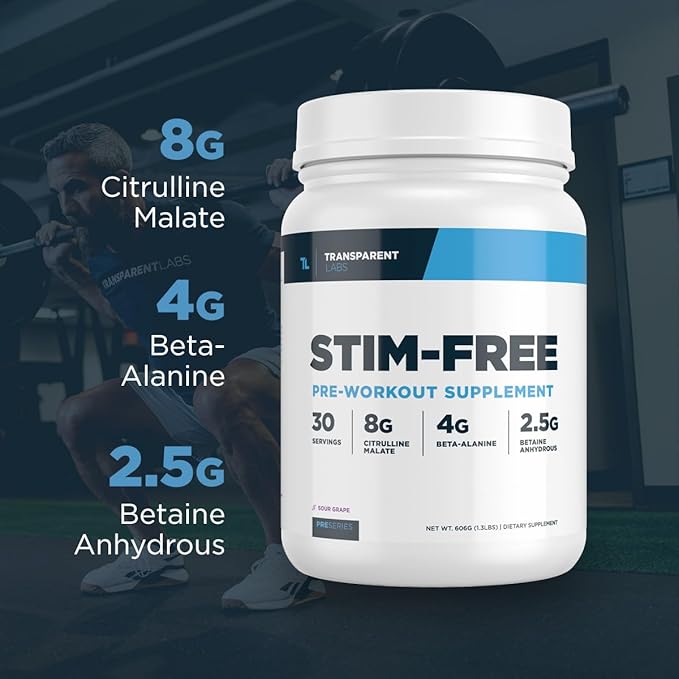 Transparent Labs Stim-Free Pre-Workout - Caffeine & Stim Free Pre Workout Powder for Men and Women with Beta Alanine Powder, Citrulline Malate, & elevATP - 30 Servings, Blue Raspberry