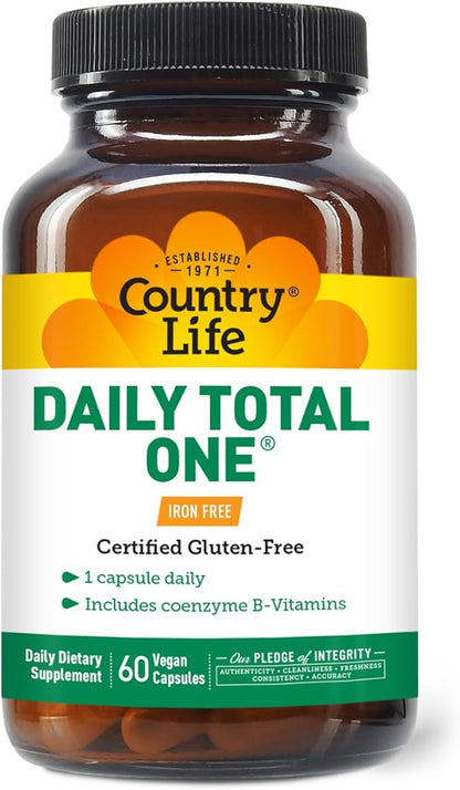 Country Life Daily Total One Multivitamin, Iron Free Once a Day Multivitamin & Multimineral Complex, Vitamins A, C, D, Including Coenzyme B-Vitamins, Supports Energy Metabolism, 60 Vegan Capsules