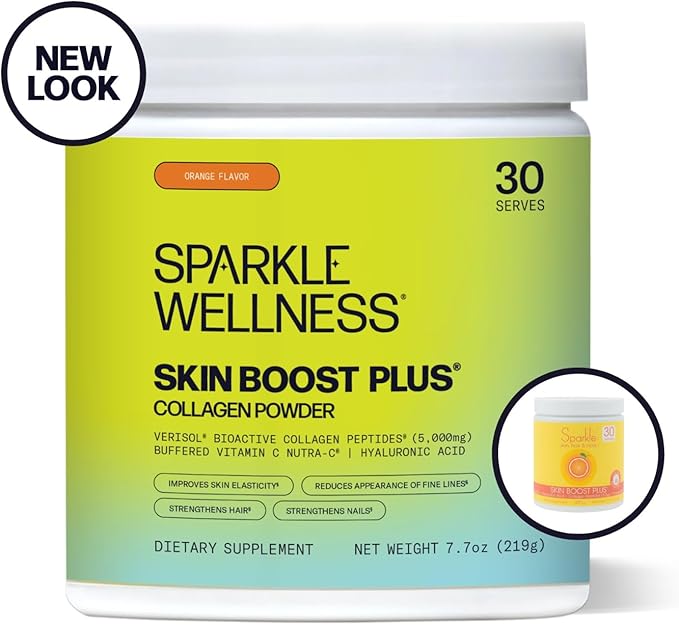 Sparkle Wellness Skin Boost Plus Verisol Collagen Peptides Protein Powder Vitamin C Orange Plus Supplement Drink, 7.7 oz