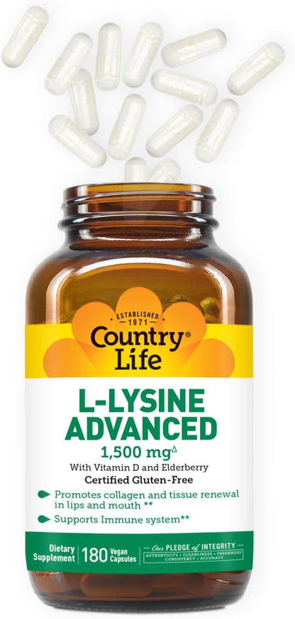 Country Life L-Lysine 1500mg Capsules with Vitamin D & Elderberry – Advanced Immune Support and Collagen Renewal – Certified Gluten-Free & Vegan – 180 Capsules