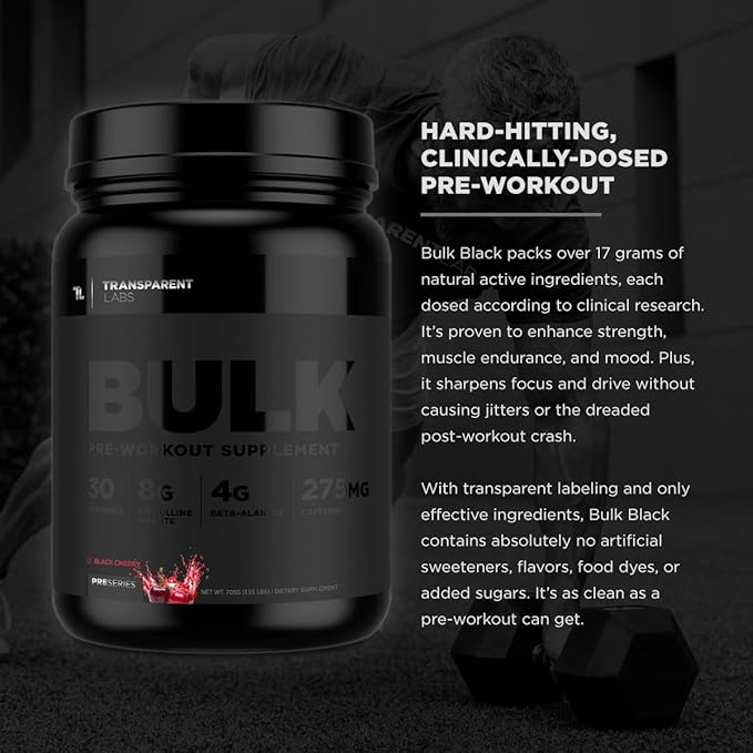 Transparent Labs Bulk Black Pre Workout - Clinically Dosed, Sugar Free Preworkout for Men and Women with Beta Alanine Powder, Citrulline Malate, & Caffeine Powder- 30 Servings, Cherry Kiwi
