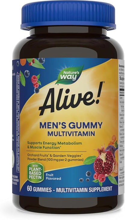 Nature's Way Alive! Men's Daily Gummy Multivitamin, Supports Energy Metabolism*, Muscle Function*, B-Vitamins, B-Vitamins, Gluten-Free, Vegetarian, Fruit Flavored, 60 Gummies (Packaging May Vary)