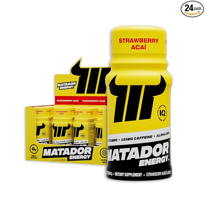 MATADOR Energy Shots - Strawberry Acai 24 Bulk Pack - Sugar Free Nootropic Natural Caffeine Energy Shot Bottles, B Vitamin Complex (Vitamin B3 & B12), 200 MG of Alpha GPC Enhancing Cognitive Function