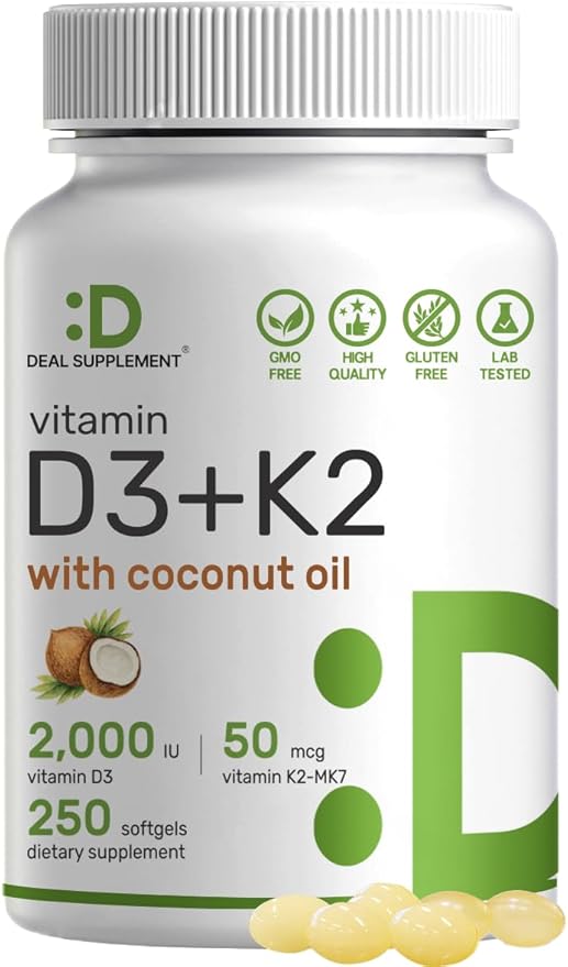 DEAL SUPPLEMENT Sunshine Vitamin D – Vitamin D3 2,000 IU with K2 MK7 50mcg – Infused with Virgin Coconut Oil – Support Healthy Bones, Teeth, and Immune System – Easy to Swallow