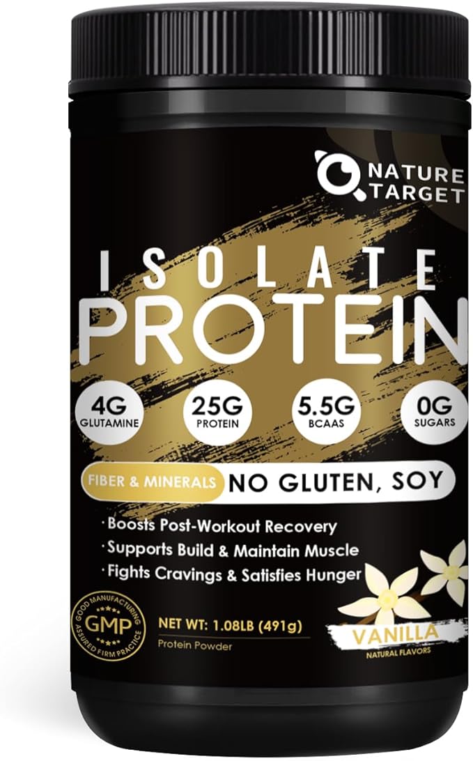 NATURE TARGET Isolate Whey Protein Powder Vanilla, 25g Protein Low Carb Sugar-Free & Gluten-Free, 5.5g BCAAs, Rich in Fibers & Minerals, 1.08 Pound, 16 Servings