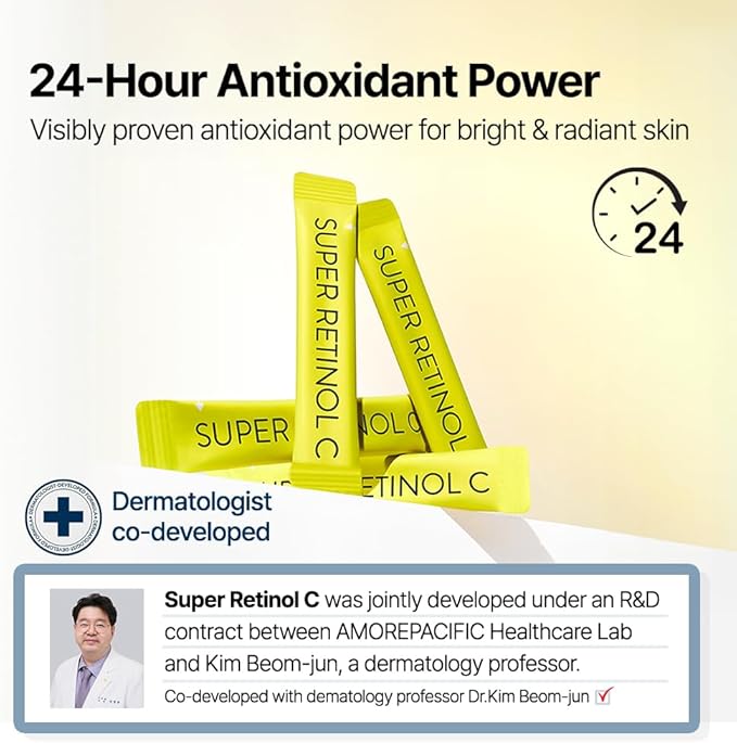 Super Retinol C (Powder, Skincare Supplement) - Vitamin A, C, D, E, Pantothenic Acid, Zinc, L-Cysteine for Skin Radiance and Tone Vegan Authorized AMOREPACIFIC - 30 Packets
