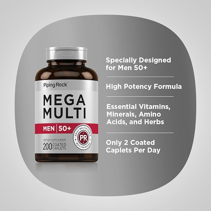 Piping Rock Multivitamin for Men Over 50+ | 200 Caplets | Mega 50 Plus Daily Multimineral | with Magnesium, Calcium, Zinc | Non-GMO, Gluten Free Supplement