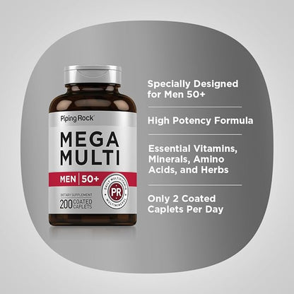 Piping Rock Multivitamin for Men Over 50+ | 200 Caplets | Mega 50 Plus Daily Multimineral | with Magnesium, Calcium, Zinc | Non-GMO, Gluten Free Supplement