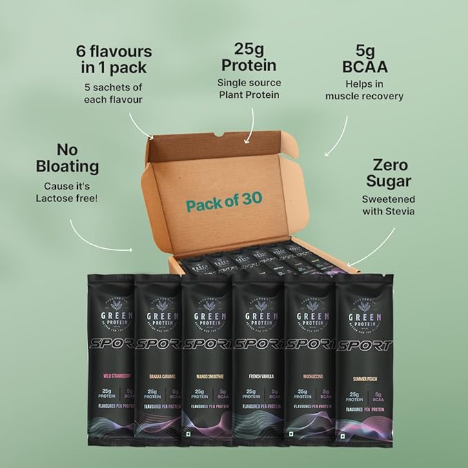 Sport Pea Protein Isolate Powder, Dairy, Gluten, Allergen, Soy Free 6 Flavors x 5 Sachets 100% Vegan Plant Protein | Sport Multi Pack 30