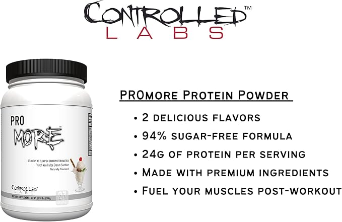 CONTROLLED LABS PROmore Protein Powder (27 Servings) - 24g Protein Per Scoop - 94% Sugar-Free, Premium Smooth-Drink Formula (Chocolate Ice Cream Sundae) (27 Servings, French Vanilla Ice Cream Sundae)