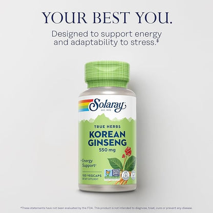 Solaray Korean Ginseng 550 mg - Ginseng Root - Stress, Physical Endurance and Energy Supplements - Non-GMO, Vegan, Lab Verified - 100 Servings, 100 VegCaps