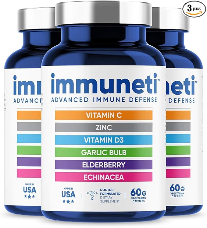 Immuneti - Advanced Immune Defense, 6-in-1 Powerful Blend of Vitamin C, Vitamin D3, Zinc, Elderberries, Garlic Bulb, Echinacea - 3 Pack - Supports Overall Health