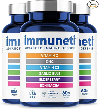 Immuneti - Advanced Immune Defense, 6-in-1 Powerful Blend of Vitamin C, Vitamin D3, Zinc, Elderberries, Garlic Bulb, Echinacea - 3 Pack - Supports Overall Health