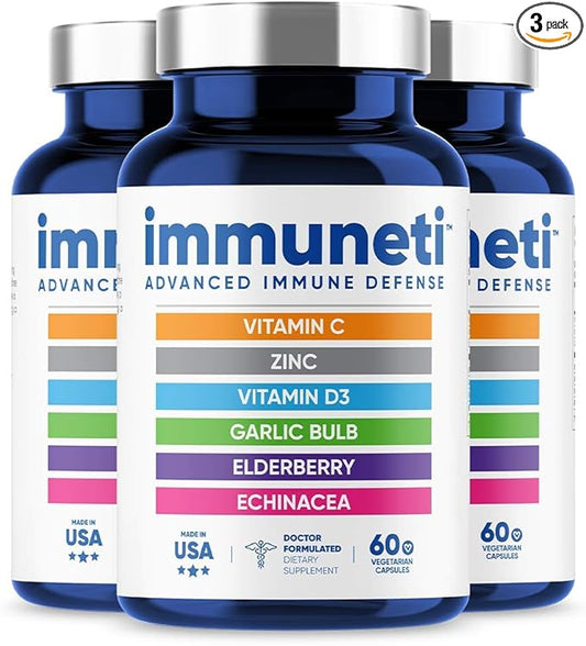 Immuneti - Advanced Immune Defense, 6-in-1 Powerful Blend of Vitamin C, Vitamin D3, Zinc, Elderberries, Garlic Bulb, Echinacea - 3 Pack - Supports Overall Health
