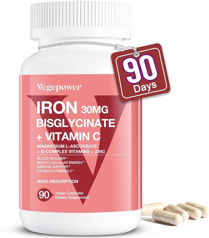 Iron Supplements for Women Men, Vegan Iron Bisglycinate 30mg Plus Vitamin C, B12, Folic Acid - Iron Pills for Anemia, Blood Builder & Energy Support - Gentle, High Absorption, Non-GMO - 90 Capsules