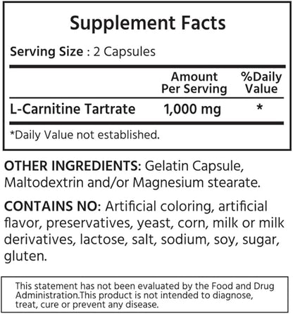 L-Carnitine 1000 mg 360 Capsules. 99.9% Purity L-Carnitine. Supports Energy Production. Fitness Support.