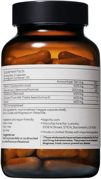 BigVita Liver Detox Vegan Gluten Free Liver Health Supplement Cleanse Detox & Repair Hangover Helper Contains Milk Thistle Glutathione Vitamin C Inositol and Selenium, 90 Capsules