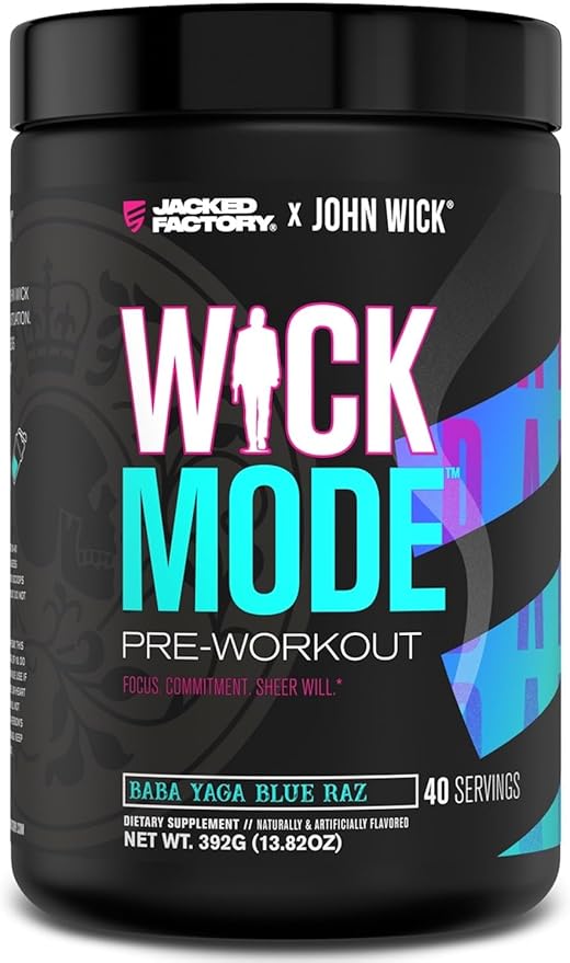 Jacked Factory X John Wick - Wick Mode Pre Workout Powder - Intense Energy, Battle-Ready Focus, Unstoppable Commitment, and Sheer Will - 40 Servings, Baba Yaga Blue Raz