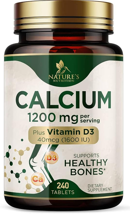 Calcium 1200 mg with Vitamin D3, Calcium Supplement Vitamins, Supports Bone Strength, Teeth & Immune System, Calcium Supplements for Women & Men, Nature's Absorbable Calcium Carbonate - 240 Tablets