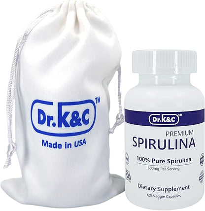 Dr.K&C Organic Spirulina Superfood Supplement – Pure Natural Blue Green Microalgae 600 mg 120 Veggie Capsules Health Immune System Antioxidants Protein Fiber No Filler Non GMO Vegan