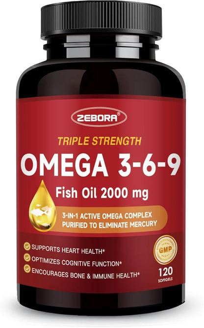 Triple Omega 3-6-9 Fish Oil 2000mg - High Potency with Vitamin D3 & Astaxanthin, Support for Heart, Brain and Immune Health - Includes Flaxseed & Borage, 60 Servings