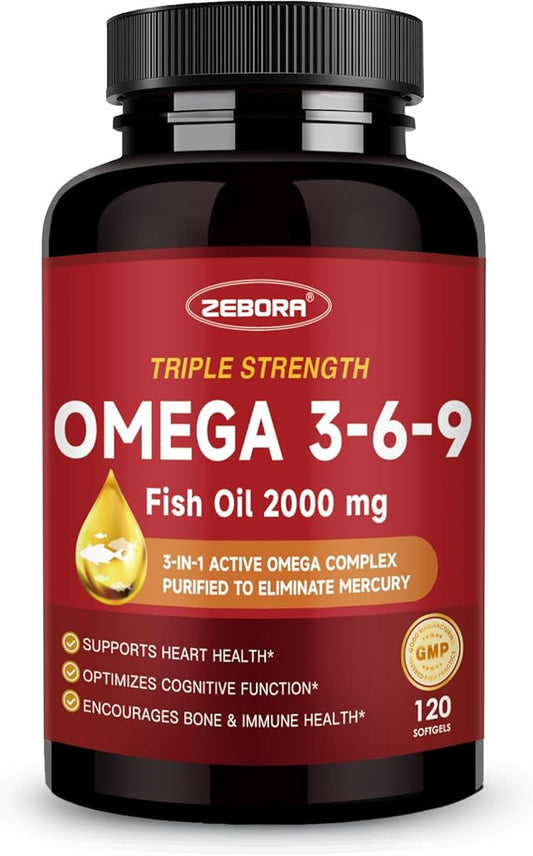 Triple Omega 3-6-9 Fish Oil 2000mg - High Potency with Vitamin D3 & Astaxanthin, Support for Heart, Brain and Immune Health - Includes Flaxseed & Borage, 60 Servings